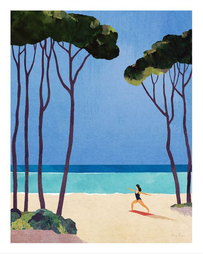 Yoga Girl by Henry Rivers, from brand GAL210F, features a woman in a swimsuit stretching on a sandy beach with tall trees and turquoise sea under a clear blue sky in this striking art print.