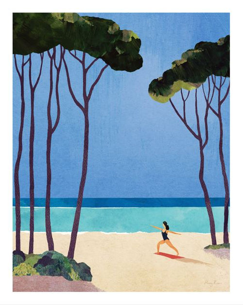 Yoga Girl by Henry Rivers, from brand GAL210F, features a woman in a swimsuit stretching on a sandy beach with tall trees and turquoise sea under a clear blue sky in this striking art print.