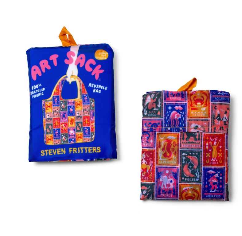 Two folded Zodiac Art Sack reusable bags by Blue Dog Posters: the left is a recycled rPET bag featuring a blue cover with "ART SACK" and colorful zodiac prints; the right displays vibrant zodiac symbols—perfect for astrology fans.