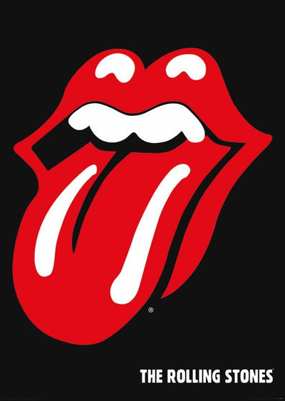 A black background features a bold red illustration of a mouth with the tongue sticking out. The lips and tongue are vivid red, while the teeth and inside of the mouth are white. "THE ROLLING STONES" is written in white at the bottom right corner, making The Rolling Stones - Tongue by MUS 002 a standout addition to your music collection on premium 150gsm gloss paper.