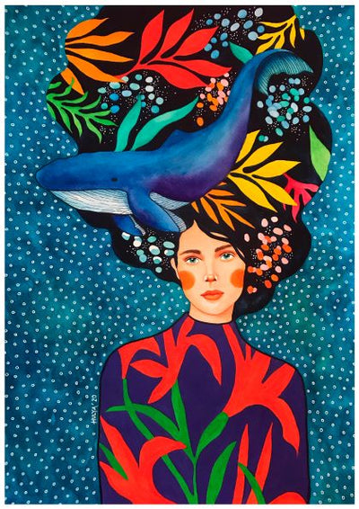 A vibrant Hulya Ozdemir illustration depicts a serene woman with flowing black hair filled with colorful abstract shapes and a large blue whale swimming through it. She wears a red and green patterned top, and the background is dark blue with white dots, resembling the night sky. Out of Time by Hulya Ozdemir from Blue Dog Posters is part of our Featured Artists Collection.