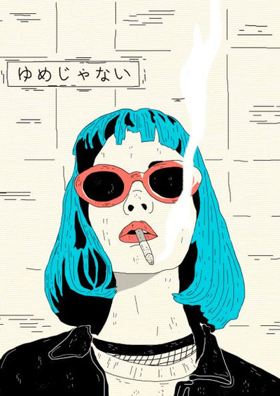 Illustration of a person with blue hair, wearing red sunglasses and a black choker. They are smoking **Smokin by Mari T** from **fap**, with smoke rising up. The background consists of a beige wall with some rectangular blocks and Japanese characters in a top-left box reading "ゆめじゃない.