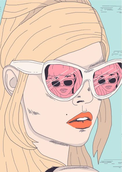 Illustrated close-up of a woman with long blonde hair wearing white-framed "Vintage Inspired by Mari T" sunglasses from fap. The reflection in her sunglasses shows another woman or herself wearing similar shades. She has bright red lips and a small beauty mark on her cheek against a muted blue background.
