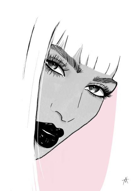 Black and white illustration of a woman's face with long, straight hair and bangs. She has dramatic eye makeup with thick eyebrows and long eyelashes, and she's wearing bold, glossy black lipstick. A soft pink backdrop highlights one side of her face. Michelle - Antony Makhlouf art print from fap.