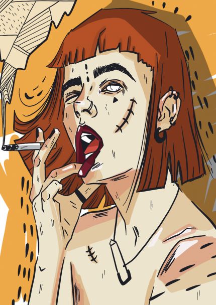 Harsh Edges by Mari T, available from Blue Dog Posters, is a stylized illustration featuring a person with short red hair and a cigarette in hand. The character is depicted with scars on their face and body, wearing a determined expression with an open-mouthed grin. The dynamic composition is set against an abstract yellow background filled with energetic lines and shapes, making it a striking art print.