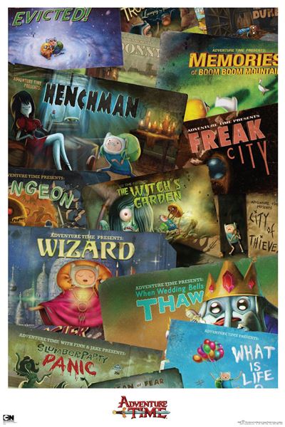 A vibrant collage showcasing an array of episode title cards from the animated TV show "Adventure Time," making it an excellent addition to any kids' TV poster collection. Titles include "Evicted!," "Henchman," "Memories of Boom Boom Mountain," and more. Ideal for fans aiming to complete their Movies & TV collection, this product is known as Adventure Time - Comics and is brought to you by MTV 265.

