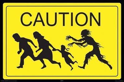 The ALT Zombie Caution Yellow Double sided poster features silhouettes of two adults and a child running from a zombie, printed on premium gloss paper—perfect for large poster collections.