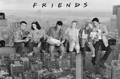 A black-and-white image of six people sitting on a high steel beam above a city. They are casually dressed, chatting, eating, and laughing. The text "Friends Lunch on Skyscaper" is written above them like a classic TV show poster. The background shows a cityscape with buildings and a distant river. Brand: MTV 083.