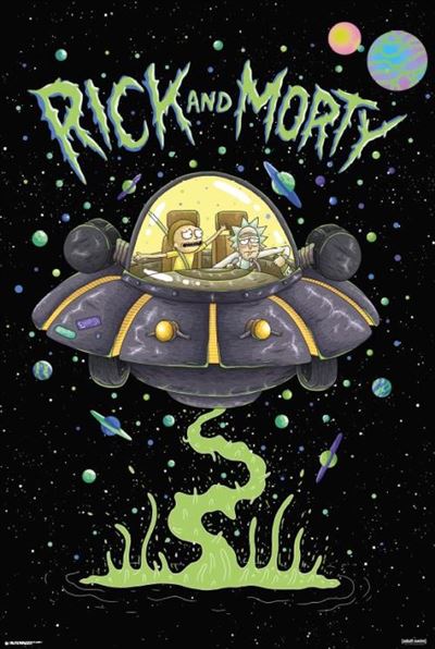 An illustration shows two animated characters, Rick and Morty, flying in a spaceship through space. The background features stars and planets. The spaceship is emitting green exhaust. The title "Rick and Morty" is written in a slime-like font at the top. Printed on premium 150gsm gloss paper, this MTV 215 Rick And Morty - Ship poster brings the adventure to life.