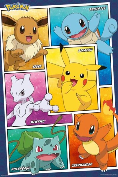A colorful poster featuring six Pokémon characters with their names displayed: Eevee, Squirtle, Mewtwo, Pikachu, Bulbasaur, and Charmander. Set against vibrant backgrounds that highlight their distinctive appearances and cheerful expressions, this Pokemon - Character Panels by MTV 177 is a must-have for any Japanese Animation fan.
