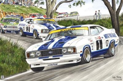 Illustration of vintage race cars driving on a hilly, tree-lined road. Leading the pack is a white Ford with blue racing stripes, followed closely by similar vehicles. Spectators watch from behind a fence, and other cars are in the background. This Ford - Snake Charmers Poster by CAR 007 is printed on premium gloss paper.