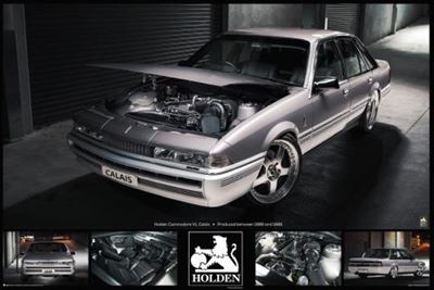 A silver Holden - Commodore VL Calais car with its hood open, showcasing the engine. The car is parked in a dimly lit industrial setting. Below are five smaller images highlighting various features, including the headlights, wheels, and engine. Displayed as a Motor Sport Poster on premium 150gsm gloss paper, the CAR 005 logo stands out prominently.