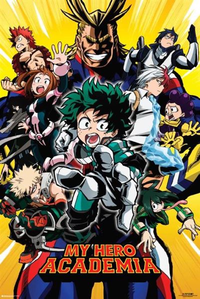 Poster for "My Hero Academia - Season 1," a standout piece from the Japanese Animation collection by MTV 104, features multiple characters in dynamic action poses. The central character, with green hair, is prominently shown, surrounded by others with various expressions and abilities. Bold yellow background with the title at the bottom.