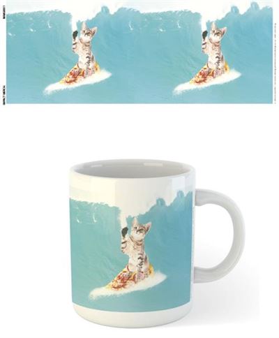 Part of the Blue Dog Posters Homewares Collection, this dishwasher-safe white Random Galaxy Cat surfing Taco Mug features an illustration of a tabby cat riding a wave on a slice of pizza as a surfboard. The background showcases a teal-blue ocean wave, and the cat has one paw raised.