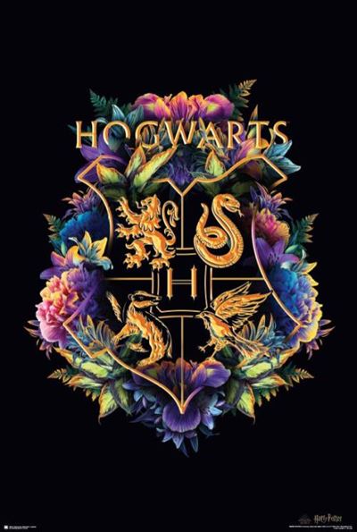 The Harry Potter - Floral Crest from the MTV 355 Movies & TV Collection showcases a vibrant floral illustration of the Hogwarts crest, featuring detailed depictions of the Gryffindor lion, Slytherin serpent, Ravenclaw raven, and Hufflepuff badger surrounded by colorful flowers on a black background.