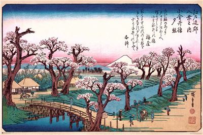 Experience tranquility with the "Hiroshige - Evening Glow At Koganei" art poster by ART, showcasing a serene Japanese landscape. Cherry blossoms in full bloom line a river where people leisurely stroll and gather on a wooden bridge and paths. In the distance, Mount Fuji stands majestically with its snow-capped peak under a gradient sky that transitions from soft pink to blue. The upper right corner features elegant Japanese text.