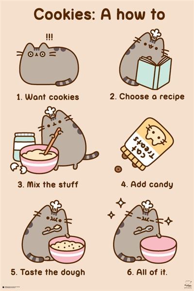 The "Pusheen - Cookies Colour: Pop Culture" guide by ALT 051, resembling a fun kid's movie poster, features steps by a gray cat for baking cookies. The playful sequence includes wanting cookies, choosing a recipe, mixing ingredients, adding candy, tasting the dough, and eating all of it. Each step is illustrated with delightful images.