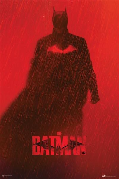 A poster of "The Batman Comic City" shows a silhouette of Batman standing in the rain against a red background. The title "The Batman Comic City" is prominently displayed at the bottom with the DC logo. Printed on premium 150gsm gloss paper, this dramatic piece is part of our exclusive Movies & TV Collection from MTV 173, within the DC Universe.