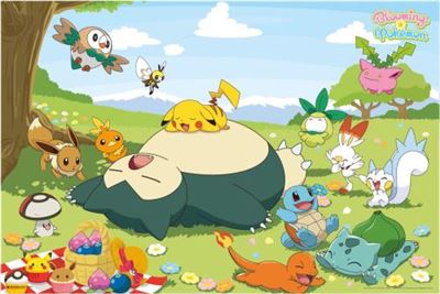 The "Pokemon - Blooming Picnic" by MTV 293 showcases a vibrant anime-style scene where various Pokémon enjoy a sunny day picnic. At the heart of the idyllic setting, Snorlax sleeps peacefully with Pikachu napping on its belly. Surrounding them, Rowlet, Vulpix, Eevee, Bulbasaur, and Squirtle engage in playful activities across the lush grassy field.