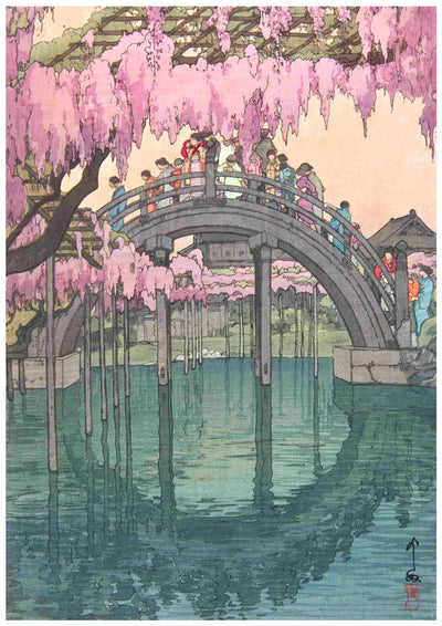 A vibrant, traditional woodblock print depicting a curved bridge adorned with cherry blossoms. People wearing colorful clothing cross the bridge, surrounded by hanging pink flowers and reflecting water below. An idyllic, serene scene of Japanese culture and nature printed on 250gsm Satin Paper called Drum Bridge at Kameido Shrine by A3 484.