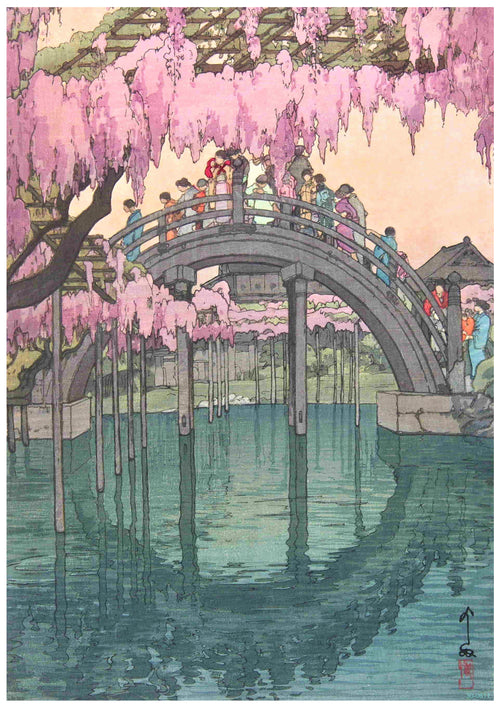 A vibrant, traditional woodblock print depicting a curved bridge adorned with cherry blossoms. People wearing colorful clothing cross the bridge, surrounded by hanging pink flowers and reflecting water below. An idyllic, serene scene of Japanese culture and nature printed on 250gsm Satin Paper called Drum Bridge at Kameido Shrine by A3 484.
