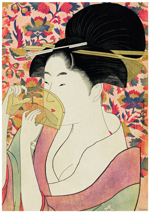 A Japanese woman in traditional attire holds a fan near her face. Her elaborate hairstyle is adorned with hairpins. The background features a vibrant floral pattern, adding depth and color to the image. This stunning scene is captured on an A3 510 Kushi by Utamaro Kitagwa printed on high quality 250gsm Satin Paper.