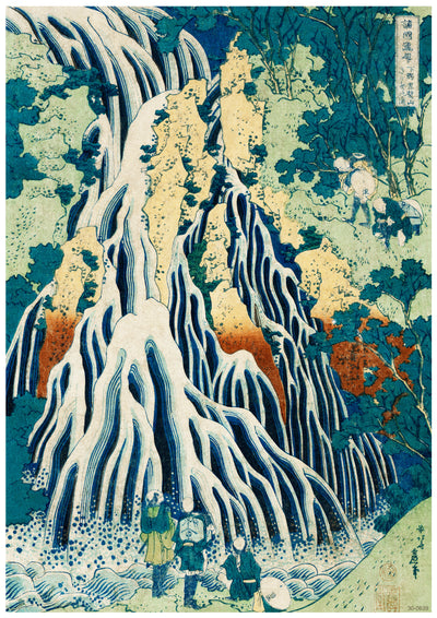 A traditional Japanese woodblock print depicts travelers admiring Kirifuri Waterfall in lush green hills. The cascading water is stylized in bold, curved lines, creating a striking visual of nature’s beauty. Printed on A3 511's Hokusai Shimotsuke Kurokami, the nearby trees and foliage add depth and color to the scene.