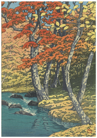 A Japanese-style woodblock print titled "Autumn in Oirase" by A3 523 depicts a serene forest scene in autumn. Trees with red and yellow leaves stand along a tranquil river. The water is clear and dotted with rocks, while sunlight filters through the foliage, casting soft shadows. Available as an A3 poster on high quality 250gsm satin paper.