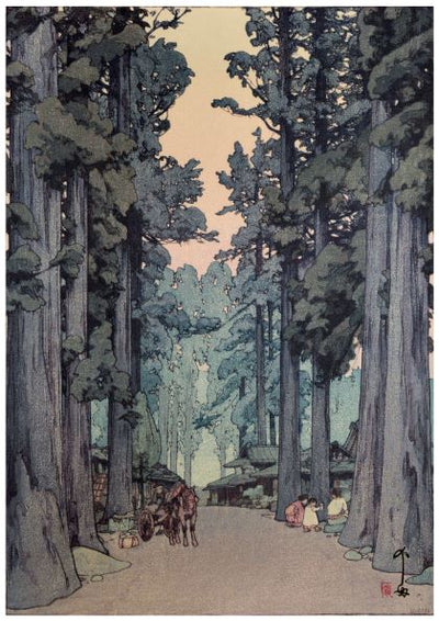 An illustrated scene depicts a serene path through a forest of tall trees. People are engaged in various activities along the roadside, including a horse-drawn cart and individuals walking or sitting. The sky is softly illuminated, suggesting either dawn or dusk. Available as an A3 Japanese Art Poster of Yoshido - Cryptomeria Avenue from Y on high quality 250gsm Satin Paper.