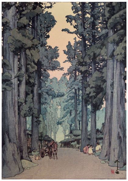 An illustrated scene depicts a serene path through a forest of tall trees. People are engaged in various activities along the roadside, including a horse-drawn cart and individuals walking or sitting. The sky is softly illuminated, suggesting either dawn or dusk. Available as an A3 Japanese Art Poster of Yoshido - Cryptomeria Avenue from Y on high quality 250gsm Satin Paper.