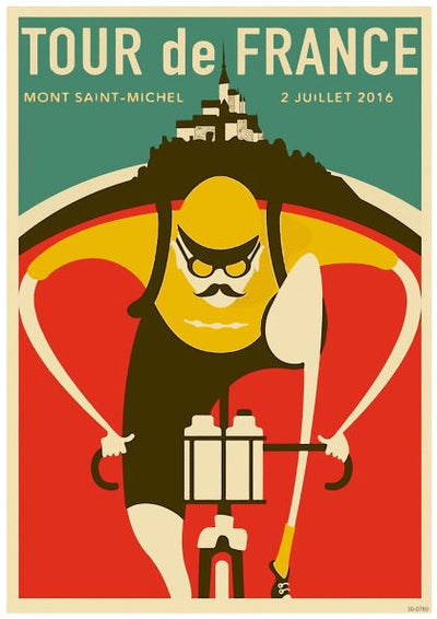 Vintage advertising poster for the Tour de France featuring a stylized cyclist in yellow and black, riding against a backdrop of Mont Saint-Michel. The text reads "TOUR de FRANCE," "MONT SAINT-MICHEL," and "2 JUILLET 2016." Printed on high quality 250gsm Satin Paper, this A3 081 Tour De France Mont Saint Michel poster uses bold, contrasting colors.