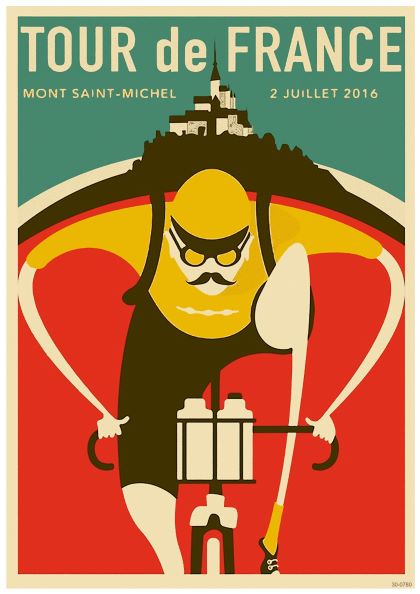 Vintage advertising poster for the Tour de France featuring a stylized cyclist in yellow and black, riding against a backdrop of Mont Saint-Michel. The text reads "TOUR de FRANCE," "MONT SAINT-MICHEL," and "2 JUILLET 2016." Printed on high quality 250gsm Satin Paper, this A3 081 Tour De France Mont Saint Michel poster uses bold, contrasting colors.