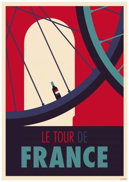 Illustration of a wine bottle resting on a bicycle wheel with the Arc de Triomphe in the background. The text "Le Tour de France" is prominently featured at the bottom in bold letters. Printed as high quality 250gsm Satin Paper A3 posters by A3 082, the color palette is mainly red, blue, and white. Product Name: Tour De France Wheel.