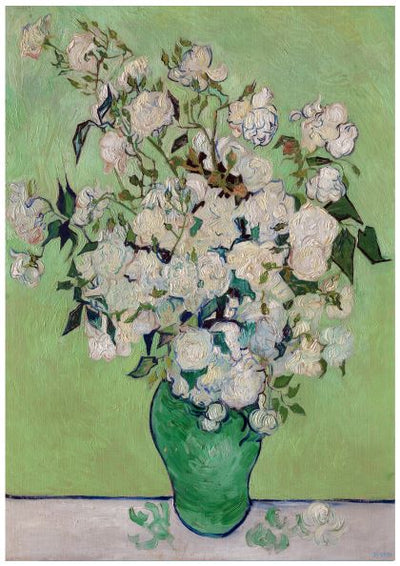 A painting of a lush bouquet of white roses in a green vase, set against a pale green background. The roses are in various stages of bloom with some petals scattered on the white surface below the vase. Available as an A3 Classic Art Poster printed on high quality 250gsm Satin Paper. Discover "Roses Van Gogh" by Y for your collection today.