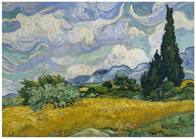 A vibrant painting depicts a golden wheat field under a swirling, dynamic sky filled with blue and white clouds. Tall, dark green cypress trees stand prominently to the right, while hills and shrubs add depth in the background. The bold and textured brushstrokes come alive on high quality 250gsm Satin Paper by Y featuring Cypresses Van Gogh.