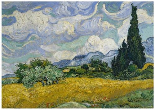 A vibrant painting depicts a golden wheat field under a swirling, dynamic sky filled with blue and white clouds. Tall, dark green cypress trees stand prominently to the right, while hills and shrubs add depth in the background. The bold and textured brushstrokes come alive on high quality 250gsm Satin Paper by Y featuring Cypresses Van Gogh.