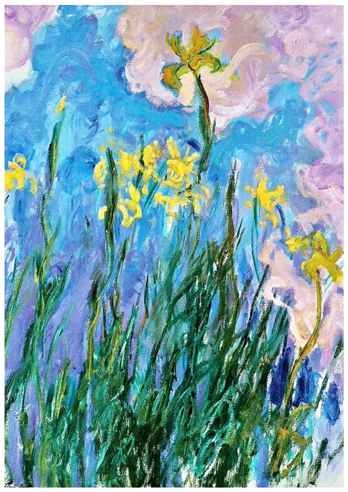 A colorful impressionist painting depicts vibrant yellow flowers with green stems against a background of swirling blue, pink, and white hues, evoking a lively and dynamic natural scene. This classic art poster, Monet - Yellow Iris by Y, is printed on high quality 250gsm satin paper, making it perfect for A3 posters.