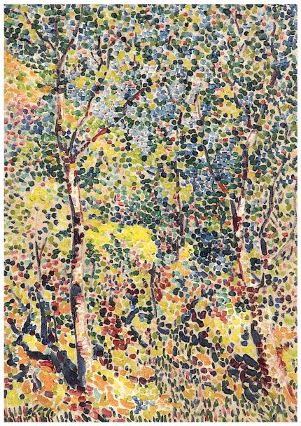 A colorful pointillism painting depicting a forest scene. The image consists of numerous small, multicolored dots forming trees with sparse foliage, illuminated by dappled sunlight. Printed as "Henry W Gibb - Impressionist Landscape" by Y on high quality 250gsm Satin Paper, it creates a vibrant and textured effect.