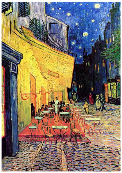 A night scene of a bustling outdoor café with bright yellow lighting on a cobblestone street. People are seated at tables under a yellow awning. The surrounding buildings and a starry blue sky add to the charming atmosphere. This vibrant and lively painting is available as a high quality Satin Paper A3 Poster, Café Terrace place du Forum Van Gogh by Y.