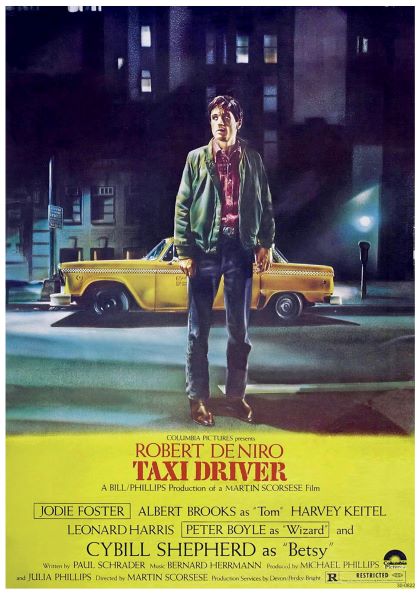 The classic film poster for "Taxi Driver" shows a man on a dimly lit street with a yellow taxi in the background. Printed on 250gsm satin paper, the A3 Y Taxi Driver poster prominently features the title "Taxi Driver" and actor names, including Robert De Niro, Jodie Foster, and Cybill Shepherd.