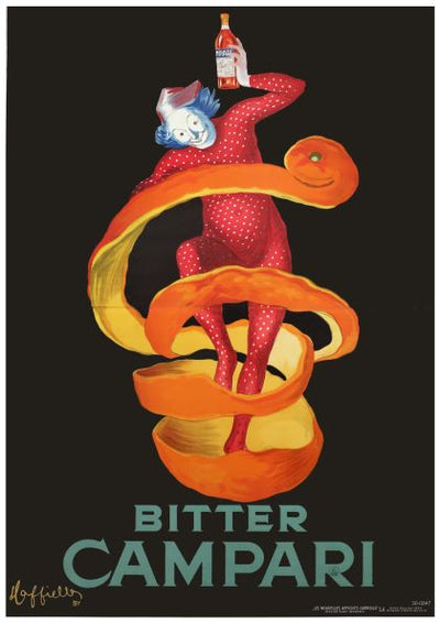 A vintage advertising poster shows a playful clown in a red polka-dot suit holding a bottle of Bitter Campari. The clown is wrapped in a spiral orange peel against a black background. Text reads "Bitter Campari" at the bottom. This piece is part of the A3 091 Collection, printed on 250gsm satin paper.