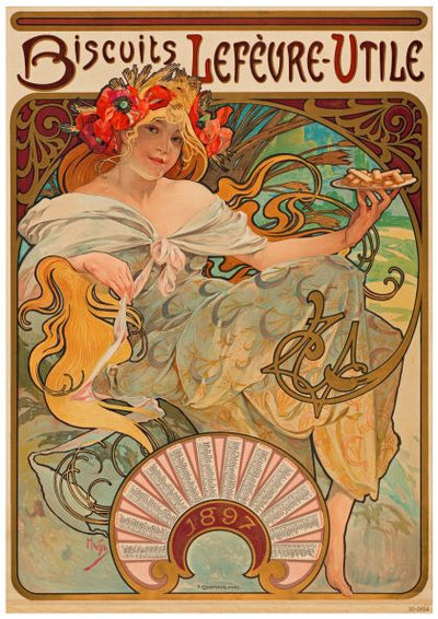 A vintage advertisement poster from the A3 115 Collection for Biscuits Lefeure Utile Mucha, depicting a woman with flowing hair adorned with vibrant flowers. She is holding a tray of biscuits and is dressed in elegant, flowing garments. Printed on high quality 250gsm Satin Paper, it features ornate art nouveau style accents.