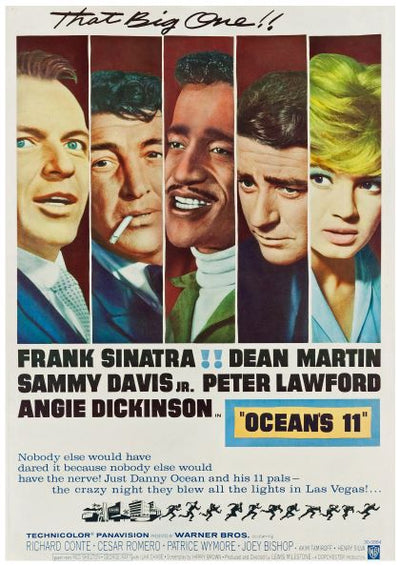 A vintage movie poster for "Oceans 11 1960," a product by Y, featuring illustrated portraits of Frank Sinatra, Dean Martin, Sammy Davis Jr., Peter Lawford, and Angie Dickinson. The title "Oceans 11 1960" is prominently displayed with a tagline above reading "That Big One!" Printed on high-quality 250gsm Satin Paper.