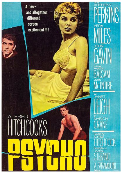 A classic movies poster for Alfred Hitchcock's "Psycho." Features Janet Leigh in lingerie, looking distressed. Another image shows her and Anthony Perkins in separate scenes. Text promotes the movie, listing cast members and indicating a Paramount release. Available as A3 posters on Satin Paper by Y for Alfred Hitchcock Psycho.
