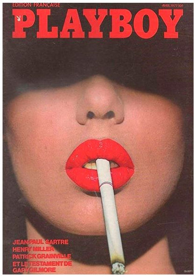A chic, vintage-inspired poster titled "Playboy Cigarette" features a woman's face partially obscured by a black hat, with bright red lips holding a cigarette. The bold red letters at the top spell out "Playboy," and there’s additional text at the bottom. Part of Y's A3 Posters Collection, it is printed on premium 250gsm satin paper.