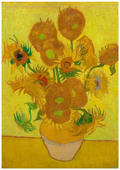 Check out "Sunflowers Van Gogh" by Blue Dog Posters. This artwork features a vase with twelve sunflowers set against a yellow background. The composition includes vibrant yellow flowers, varying from fully bloomed to wilting, arranged in a simple light-colored ceramic vase. Visible brushstrokes add texture and depth to the piece. Available as high-quality 250gsm Satin Paper Classic Art Posters in A3 size.