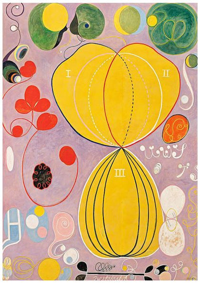 Introducing "Number 7 Adulthood" by Hilma af Klint, a vibrant abstract painting available from Blue Dog Posters. This captivating artwork features swirling patterns and shapes, dominated by two large yellow forms labeled "I," "II," and "III." Surrounding these are green and red organic forms against a purple background, creating an intricate design that adds depth and complexity to this classic A3 art poster.