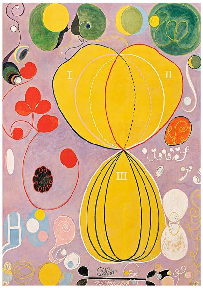 Introducing "Number 7 Adulthood" by Hilma af Klint, a vibrant abstract painting available from Blue Dog Posters. This captivating artwork features swirling patterns and shapes, dominated by two large yellow forms labeled "I," "II," and "III." Surrounding these are green and red organic forms against a purple background, creating an intricate design that adds depth and complexity to this classic A3 art poster.