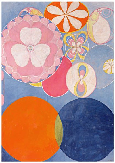 Abstract artwork featuring overlapping circles and shapes in various sizes. The palette includes bright colors like orange, blue, pink, and yellow, all set against a light blue background. This dynamic visual effect is printed on high quality 250gsm satin paper, perfect for A3 posters or any classic art poster enthusiast. Introducing "Number 2 Childhood Hilma af Klint" by Blue Dog Posters.