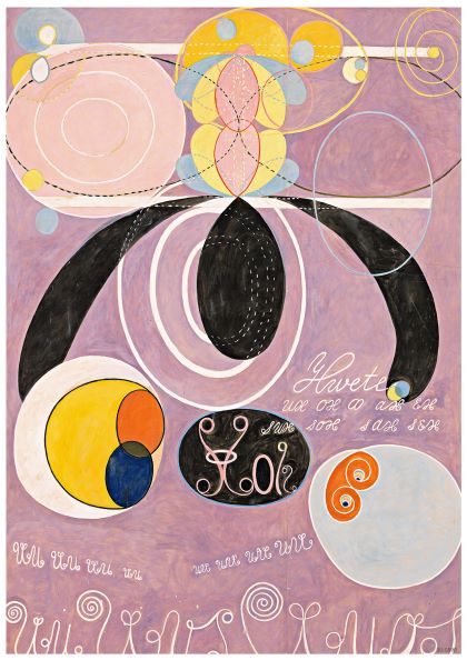 An abstract painting featuring a large central figure with swirling shapes, circles, and ovals in shades of pink, black, yellow, and blue on a lavender background. The piece resembles the Number 6 Adulthood Hilma af Klint by Blue Dog Posters with decorative script text. Various smaller shapes and designs surround the main figure.